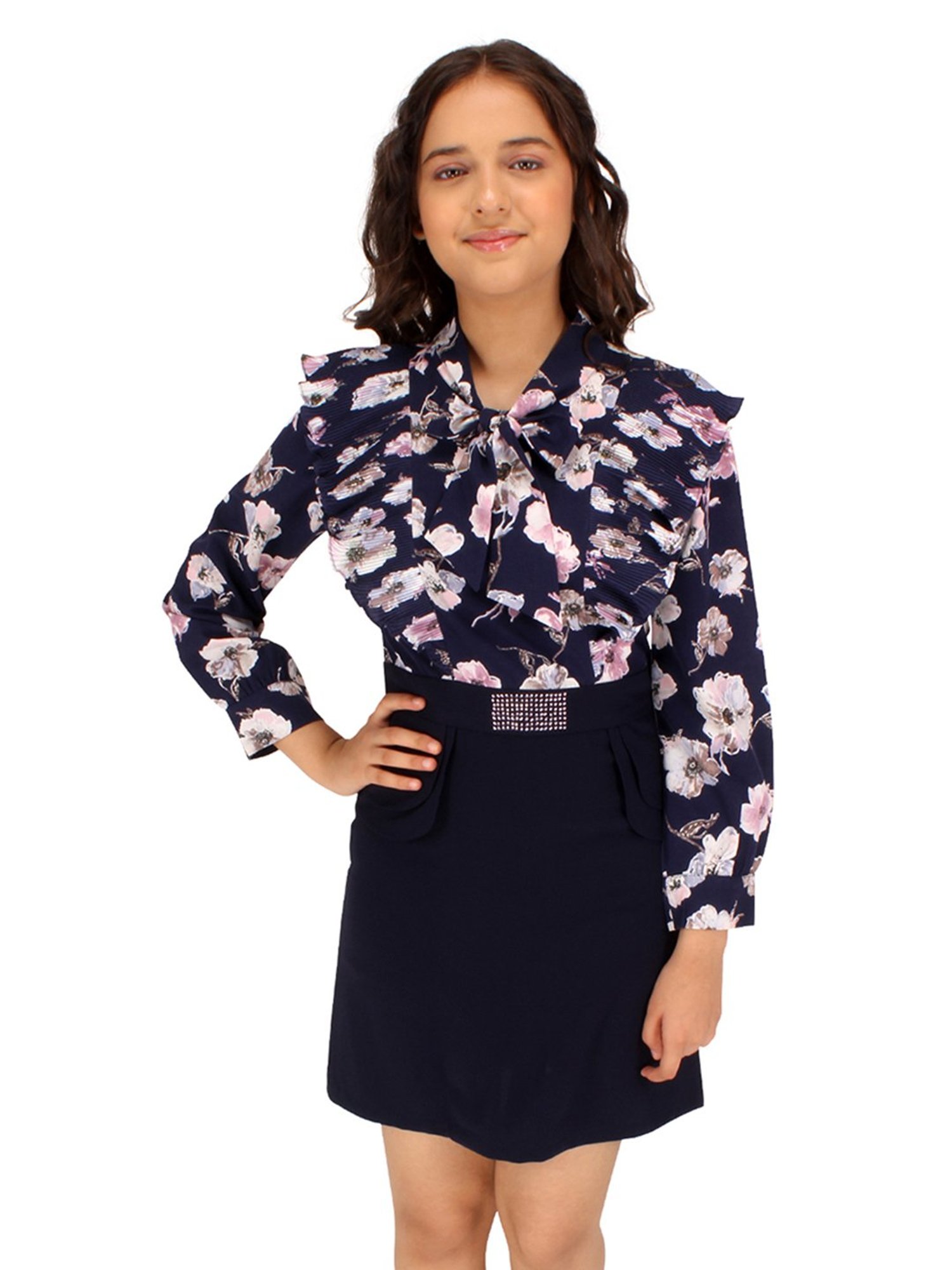 Cutecumber Kids Navy Floral Print Full Sleeves Dress