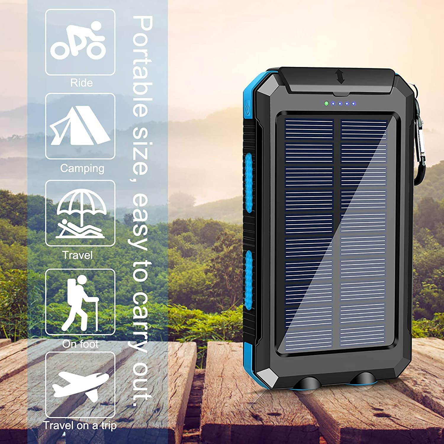 Solar Charger 20000mAh Portable Outdoor Waterproof Solar Power Bank Camping External Backup Battery Pack Dual 5V USB Ports Output 2 Led Light Flashlight with Compass (Blue)