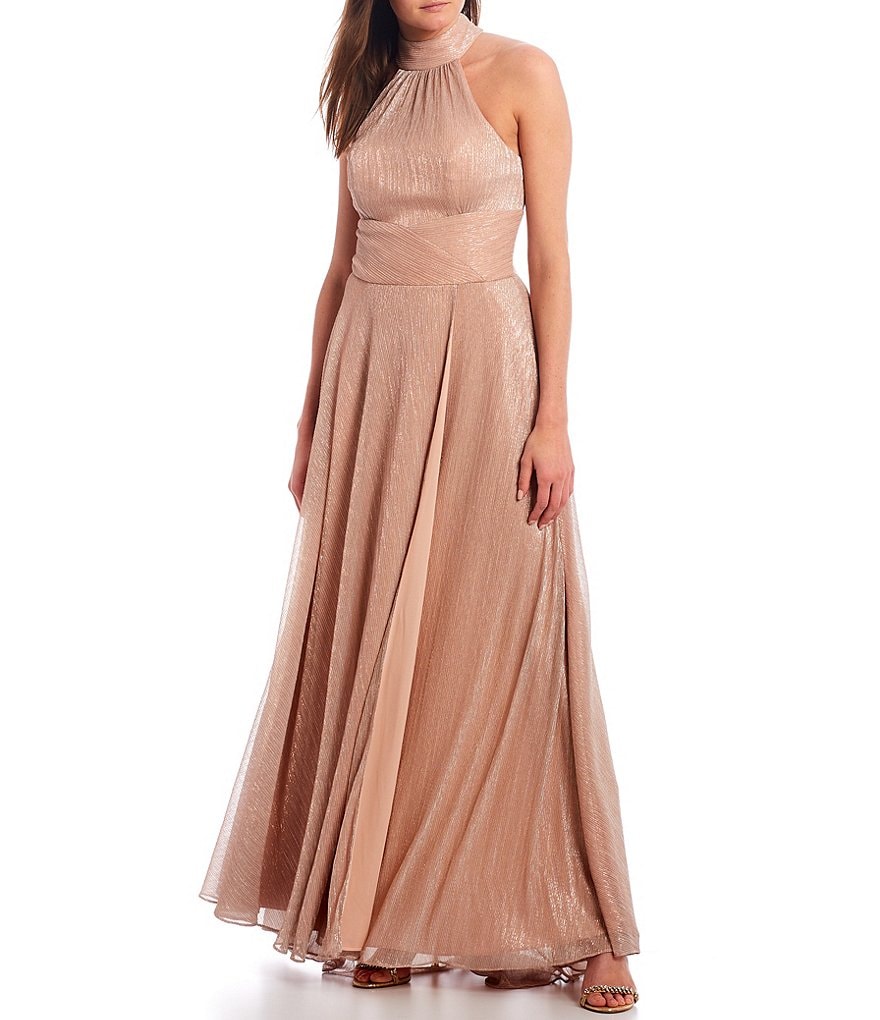 Betsy & Adam Open Back Metallic Crinkle Chiffon Gown