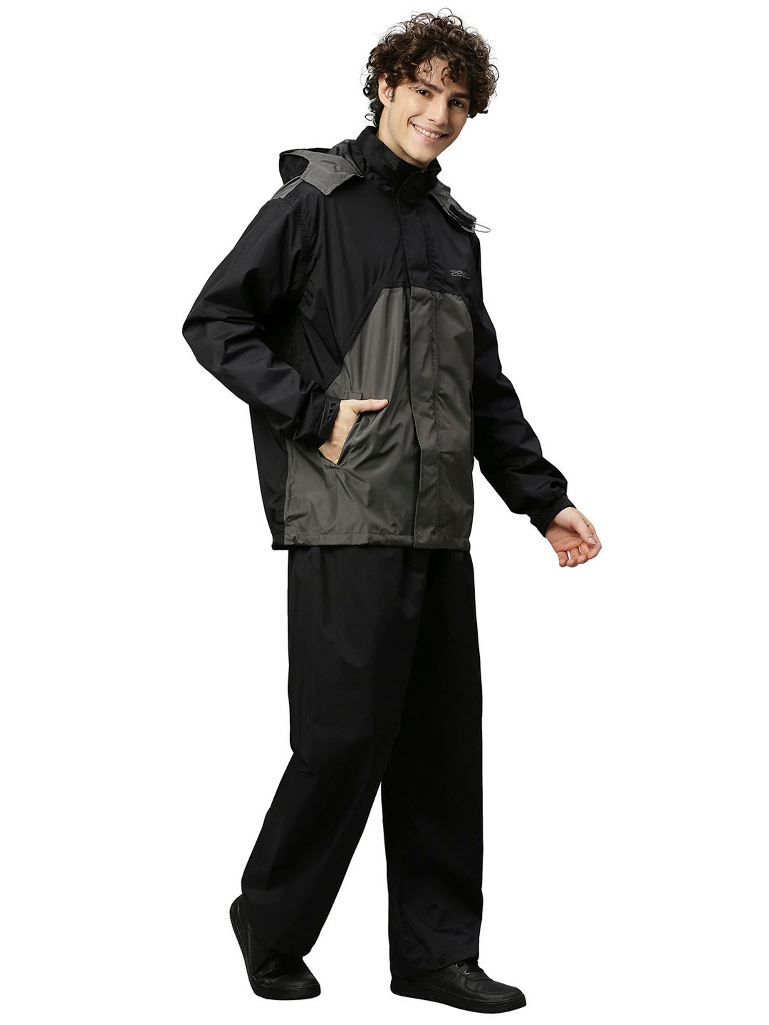 Zeel Black & Grey Colour-Block Rainwear Jacket