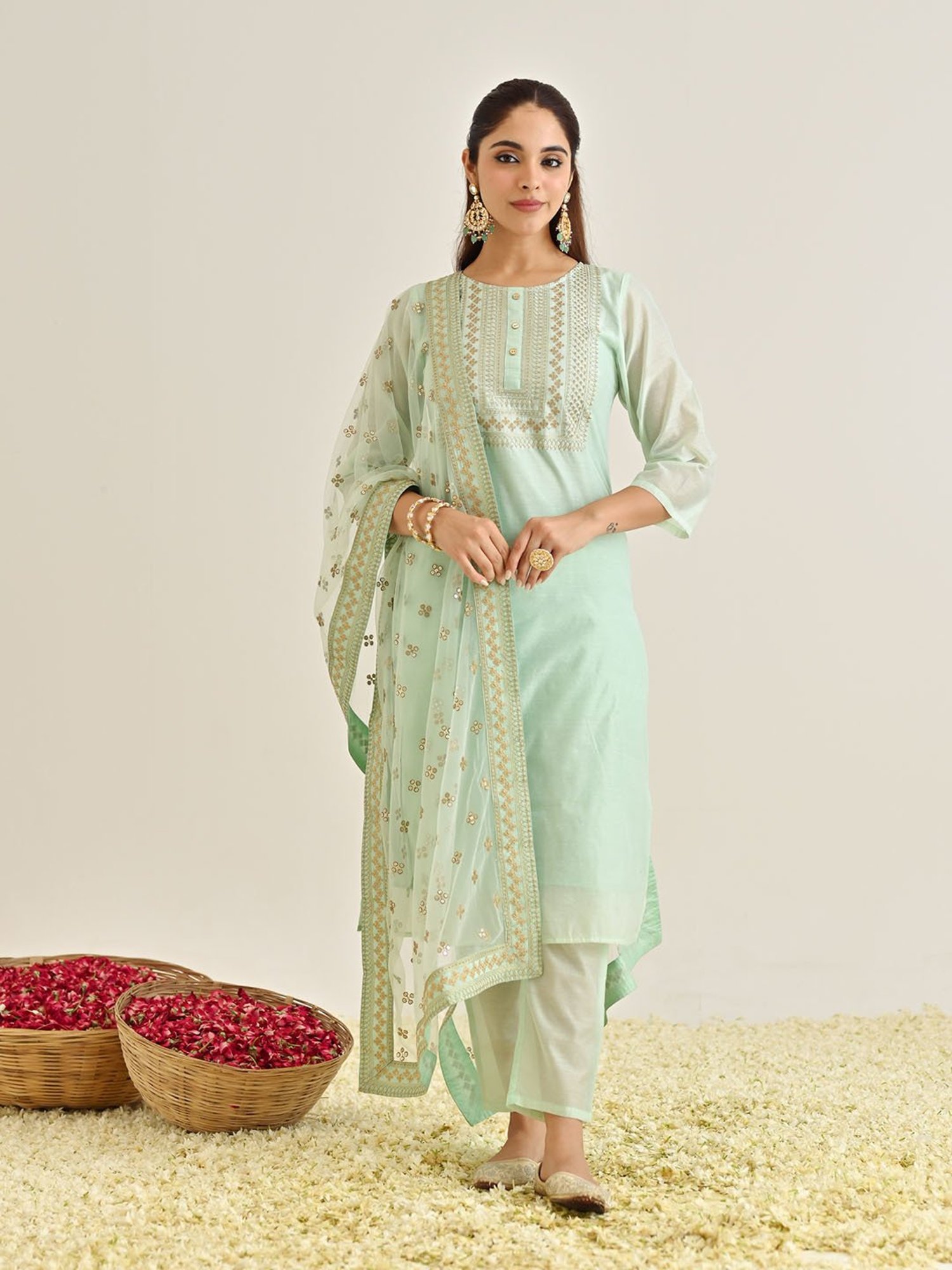 Rustorange Mint Green Embroidered Kurta With Pant & Dupatta