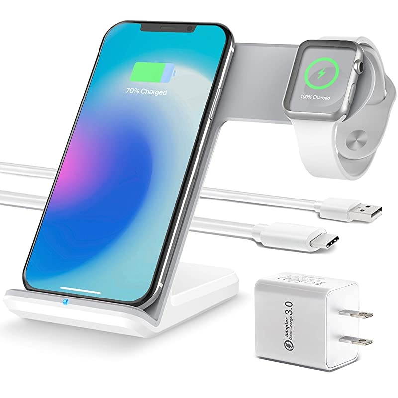 Upgraded 2 in 1 Wireless Charger for Apple Watch 54321 iPhone 11 11 PRO 11 MAX PRO XS MAX XR XS 8Plus iPhone and Watch Charging Station QC 30 Adapter Included White