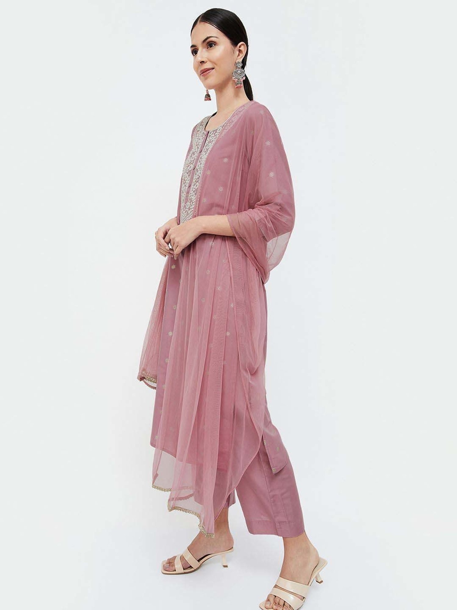 Melange by Lifestyle Purple Embroidered Kurta & Palazzo Set With Dupatta