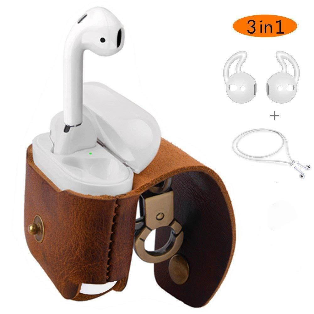 MRPLUM Leather Case, Genuine Cover for Apple AirPods Earphones, Brown