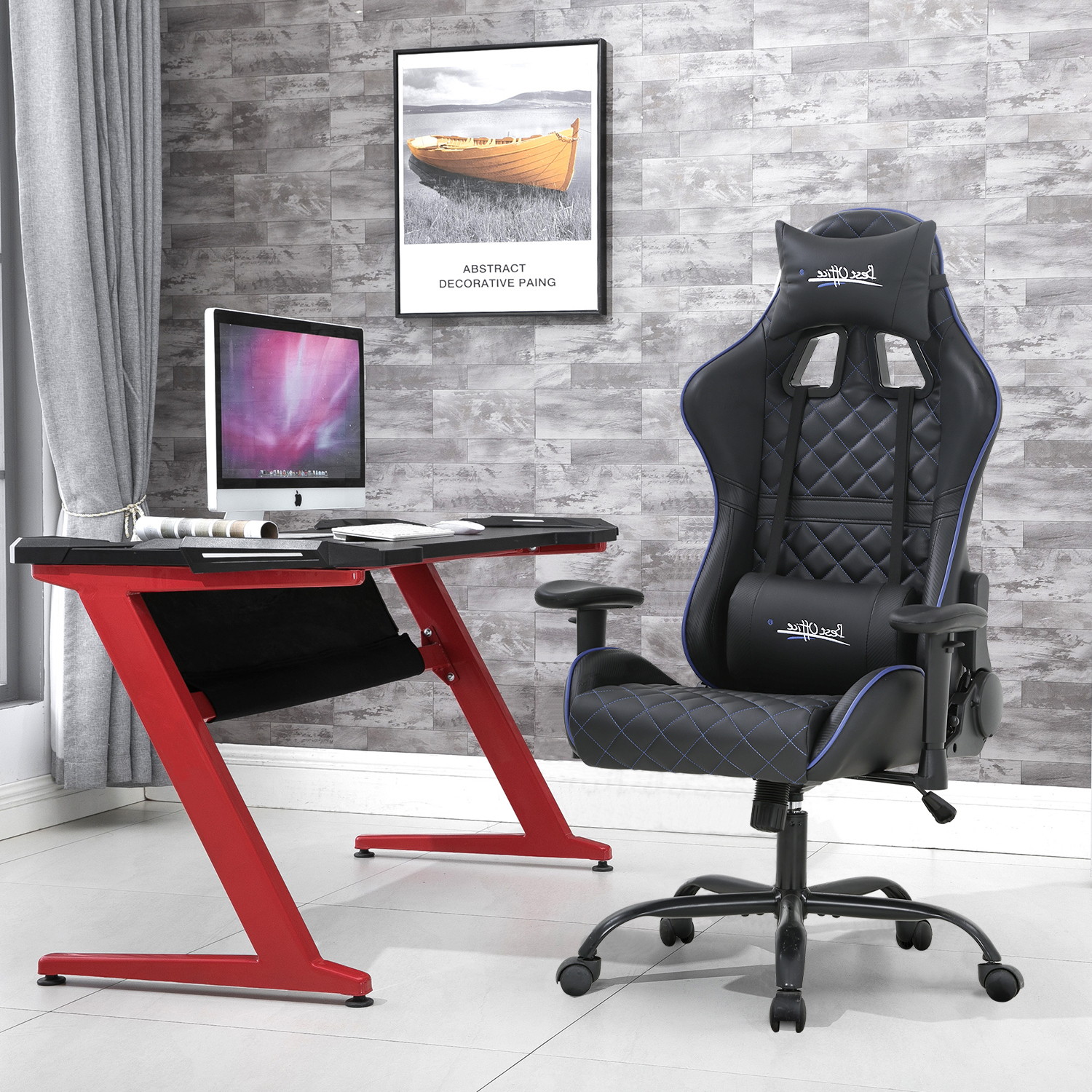 PC Gaming Chair Home Office Chair Ergonomic Computer Chair with Lumbar Support Headrest Adjustable Armrest Rolling Swivel E-Sports Racing Chair Desk Task Chair Blue