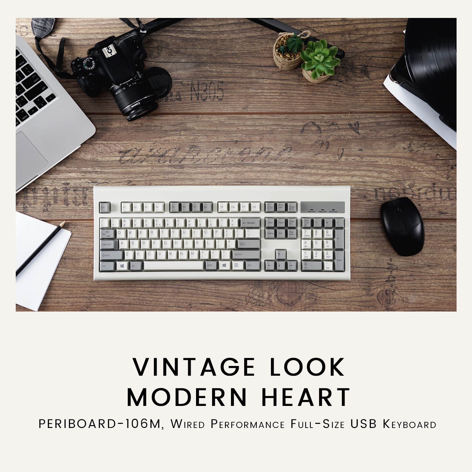 Perixx PERIBOARD-106M, Wired Performance Full-Size USB Keyboard, Curved Ergonomic Keys, Classic Retro Gray/White Color