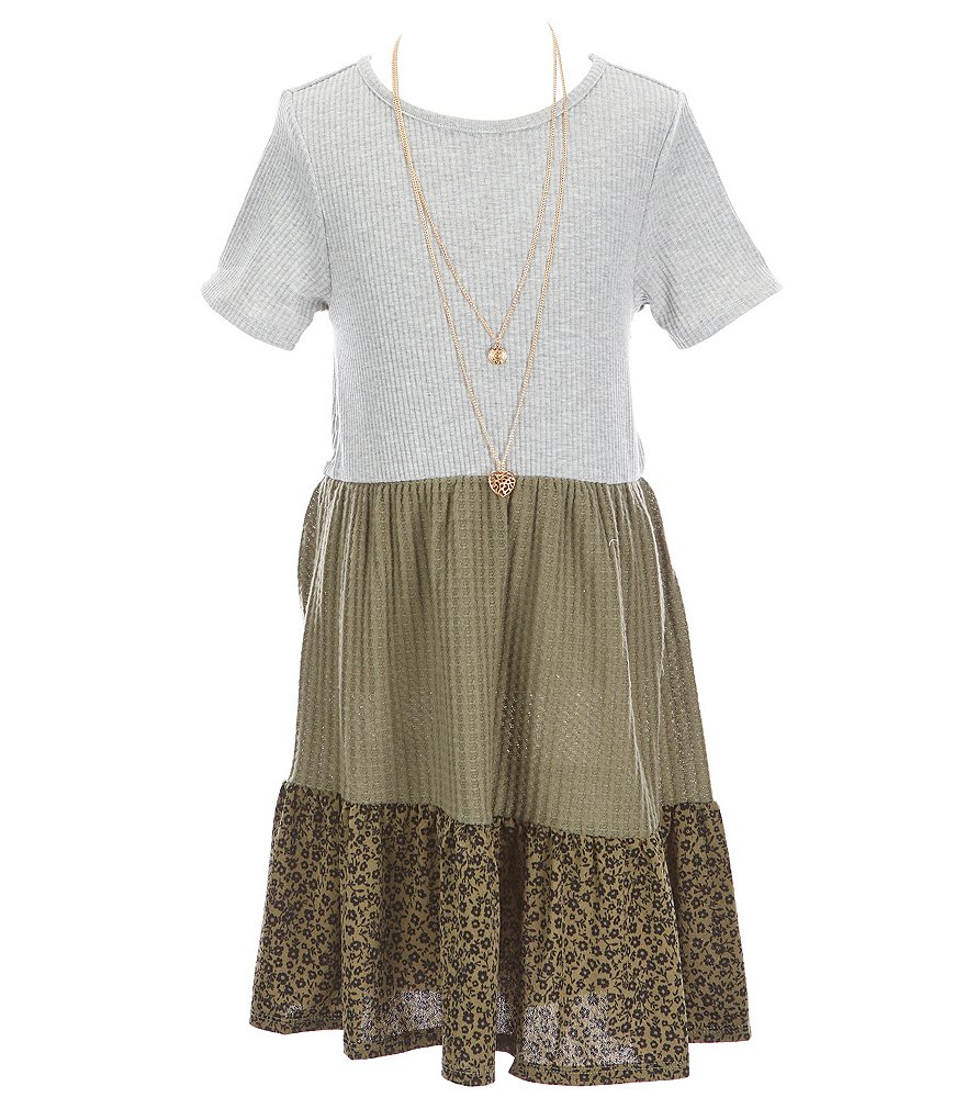 Rare Editions Big Girls 7-16 Short-Sleeve Mixed Media Rib Knit Babydoll Dress