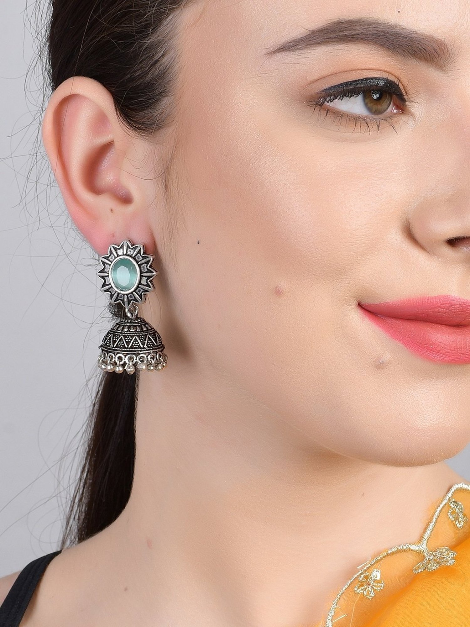 Imli Street Light Green Silver Tone Stone-Studded Handcrafted Jhumki Earrings