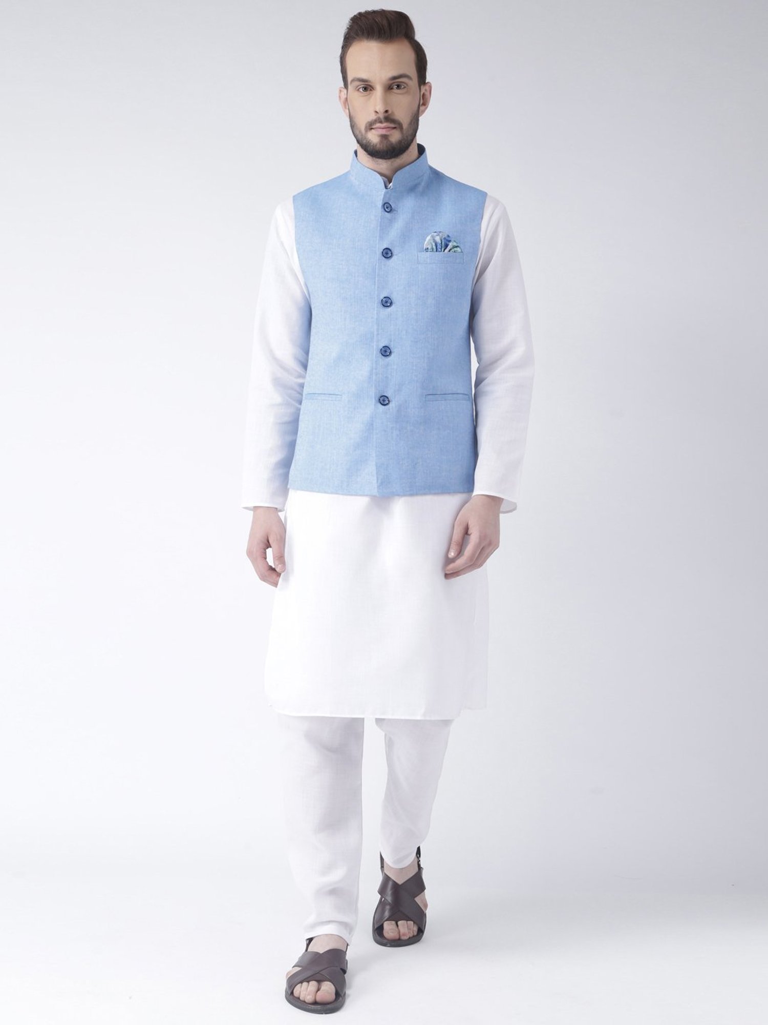 Hangup Plus White & Blue Regular Fit Kurta & Pyjamas Set With Nehru Jacket