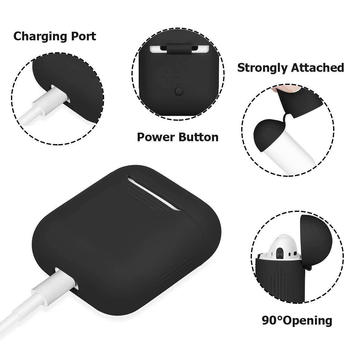 8 in 1 Airpods Accessories Set, Likday Silicone Case Cover Set for Apple Airpods with (Holder, Earhooks, Earphone Case, Strap,EVA Hard Shell Box, Carabiner) (Black Box & Black Case)