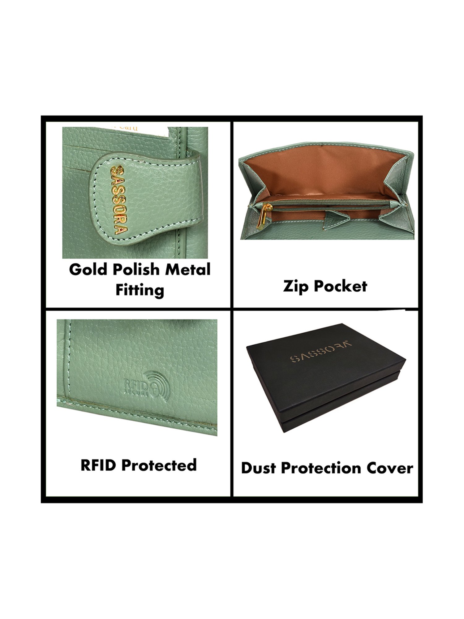 SASSORA Green Solid Rfid Bi-Fold Wallet for Women