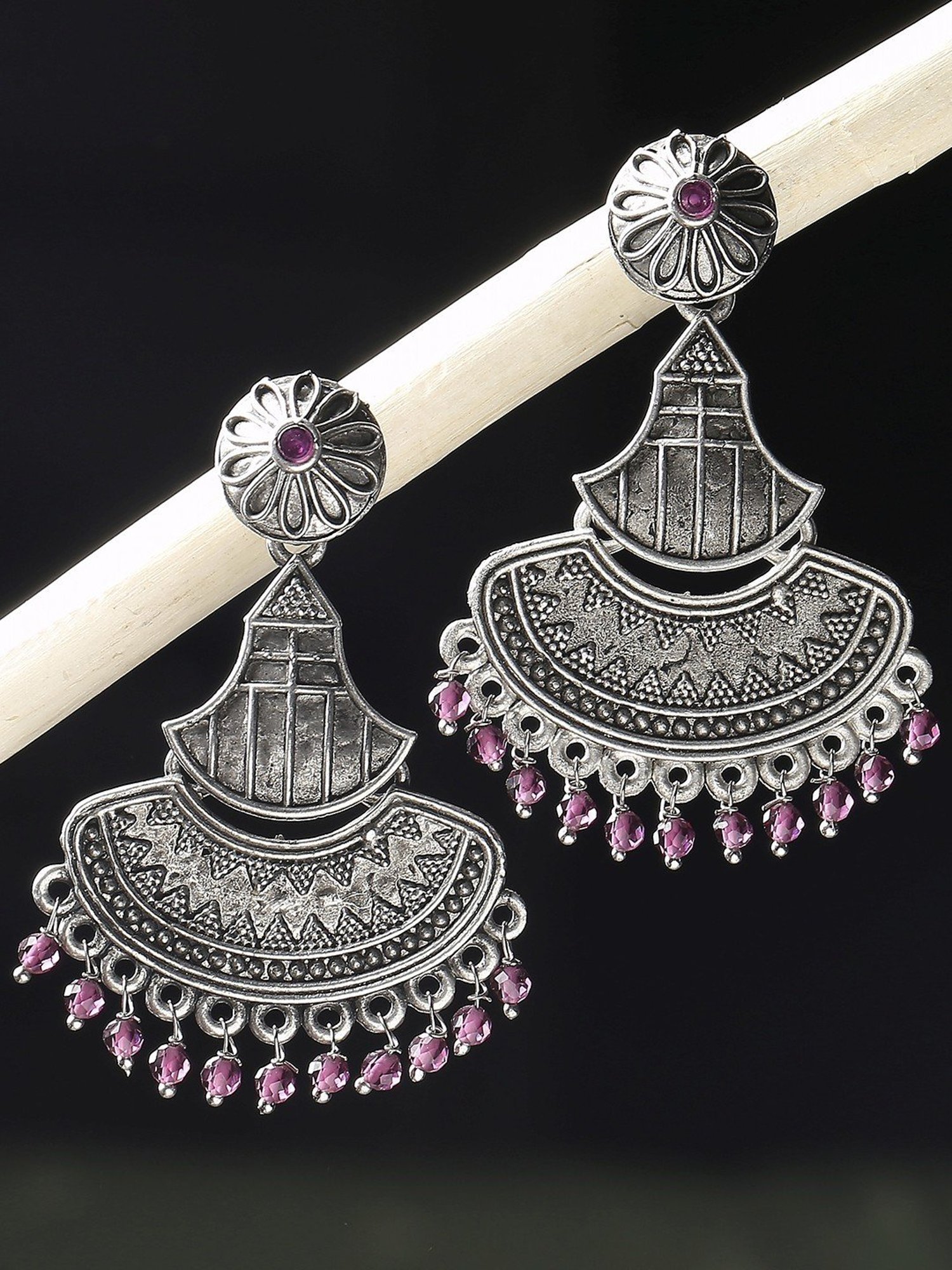 Oomph Oxidized Silver Ethnic Silver Look Alike Maroon Beads Dangler Earrings