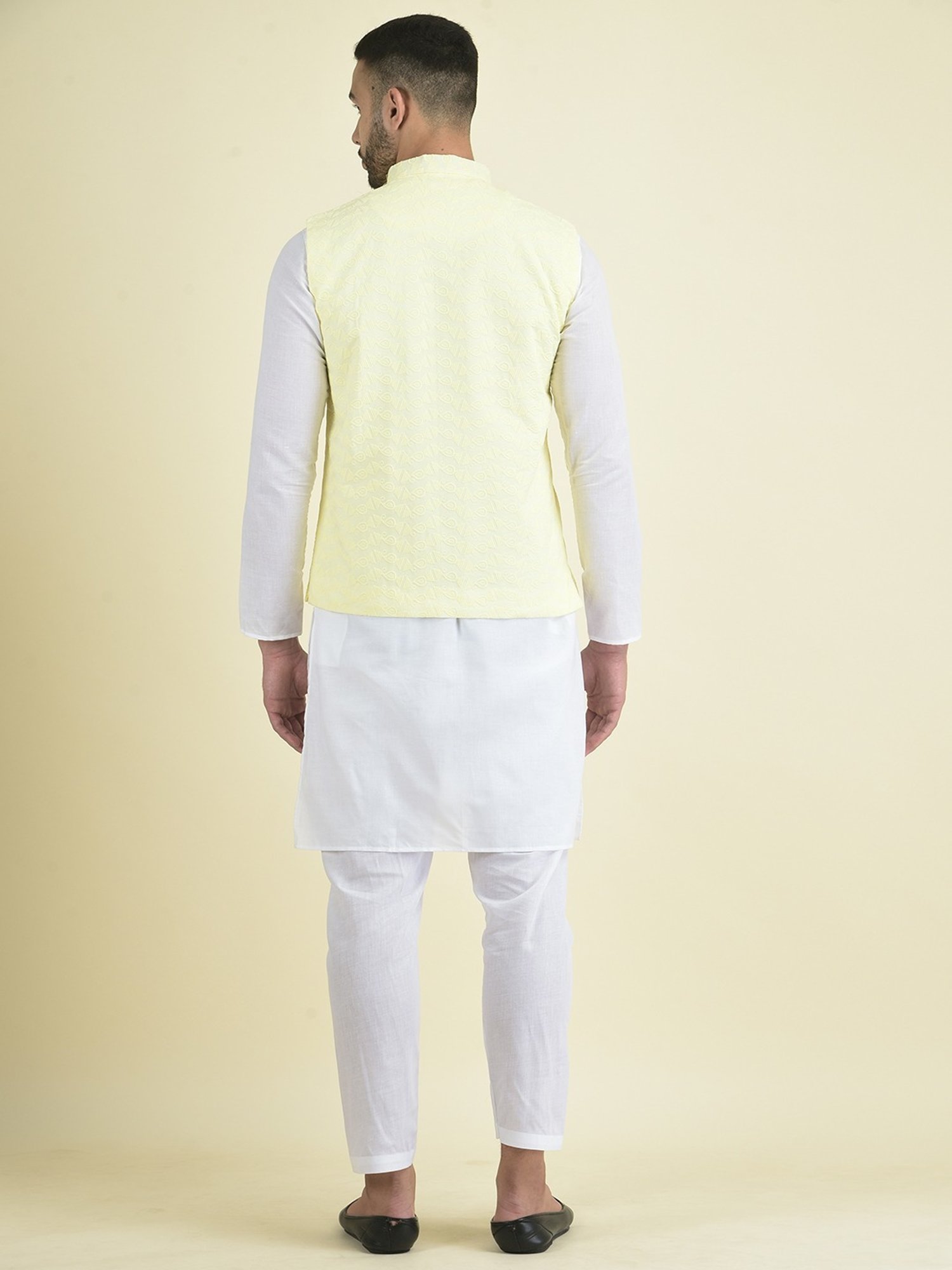 Deyann Yellow & White Cotton Regular Fit Embroidered Kurta Set With Jacket