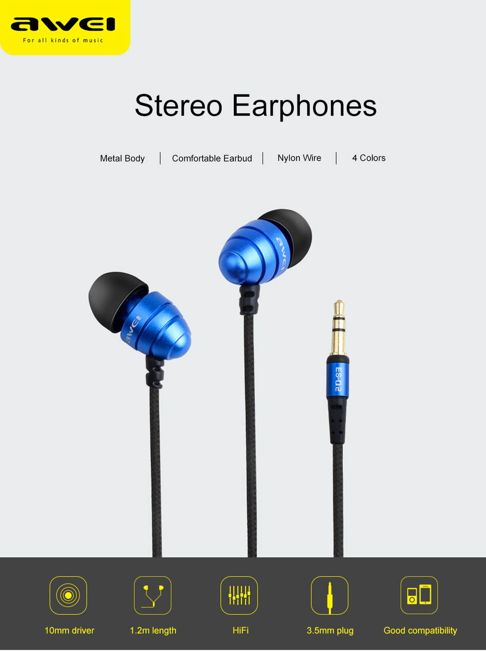 AWEI ESQ2 Fashionable Deisgn Metal 3.5MM Plug Stereo Music Deep Bass In-Ear Earphones with Microphone for Mobile Phones
