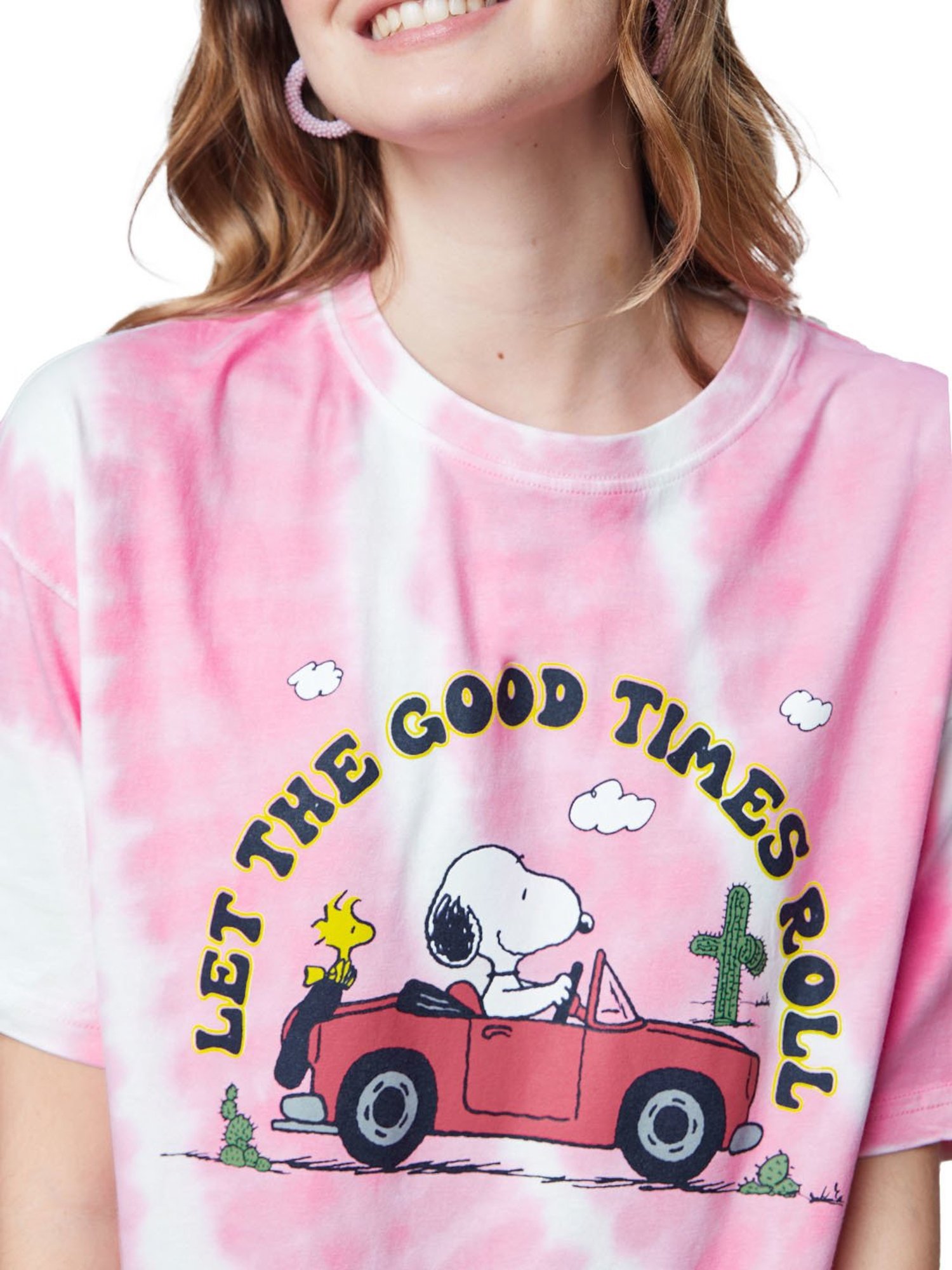 The Souled Store White & Pink Peanuts: Good Times Printed Oversized T-Shirt