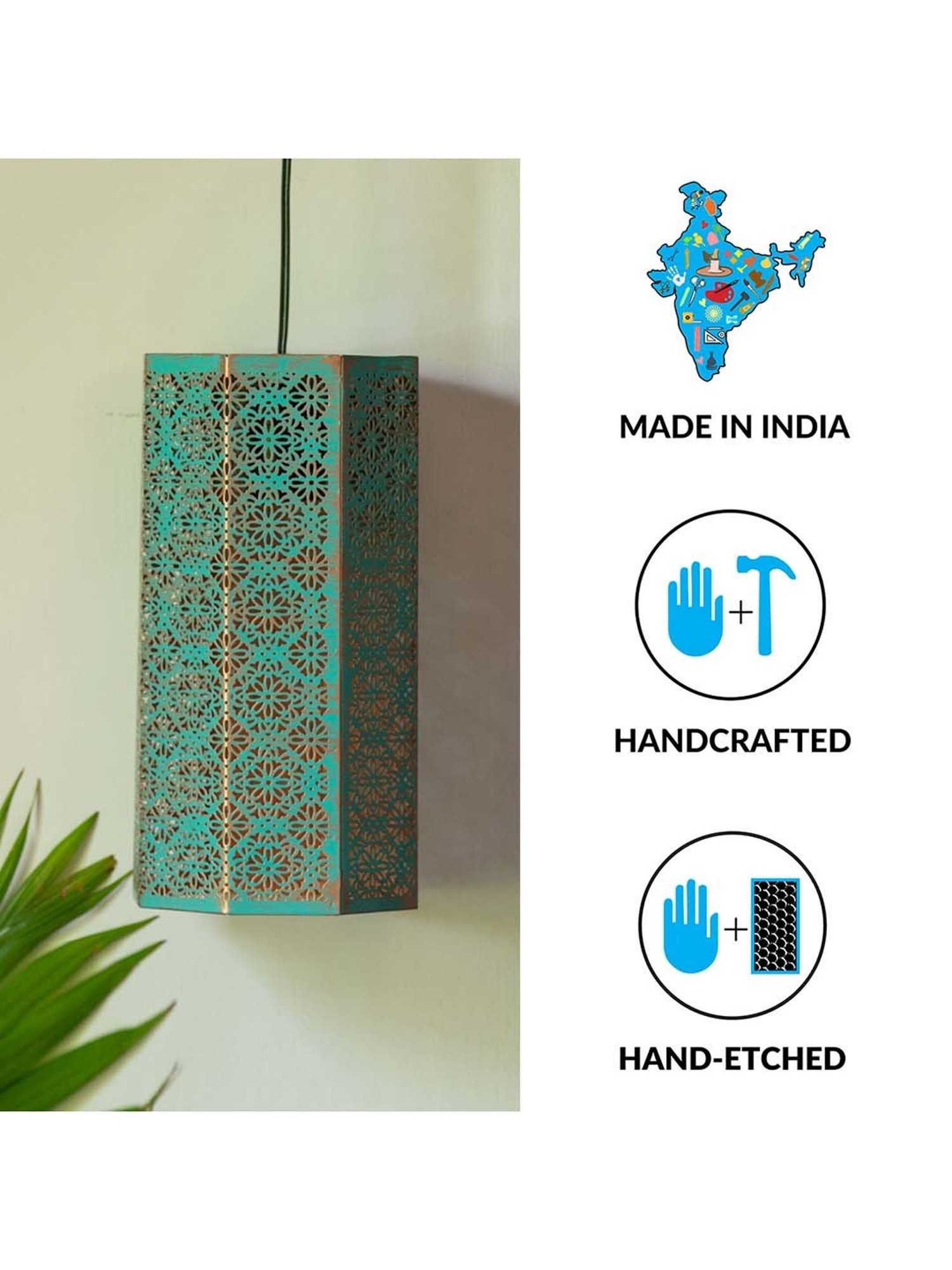 ExclusiveLane 'Morrocan Waves' Turquoise Blue & Red Iron Hand-Etched Pendant Lamp - Set of 1