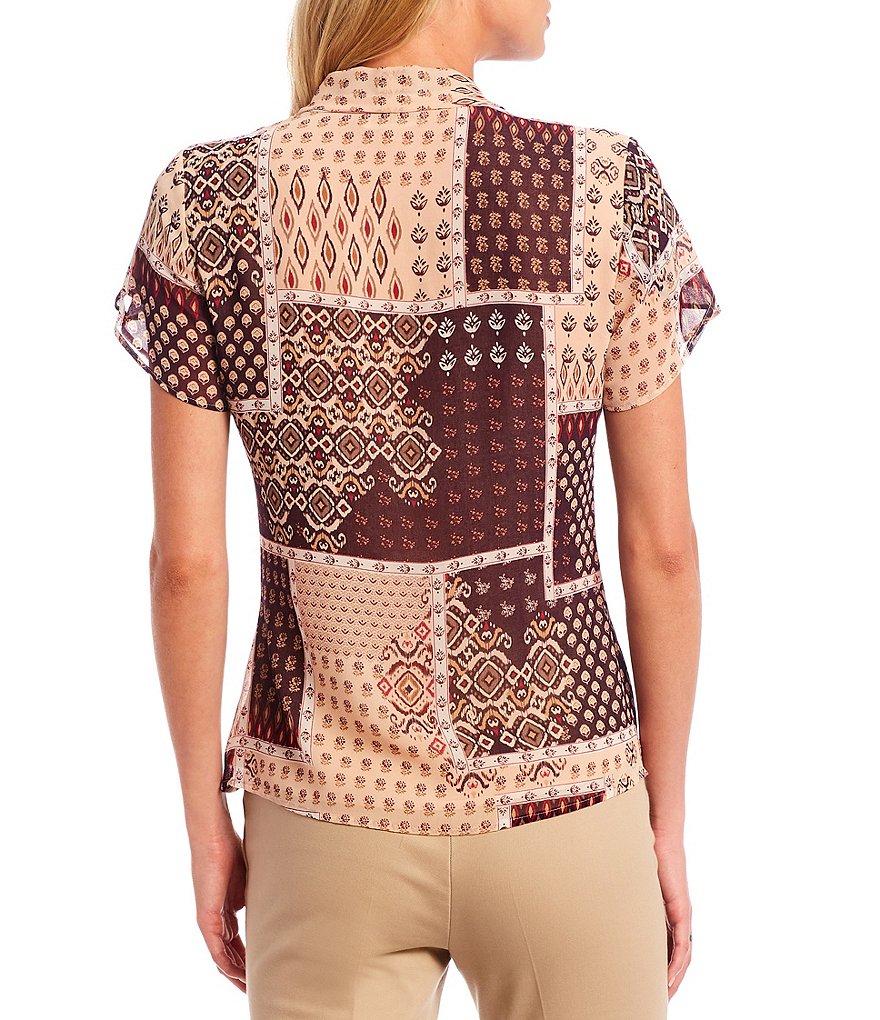 Calvin Klein Petite Size Patchwork Print V-Neck Pleat Shoulder Detail Tulip Sleeve Blouse