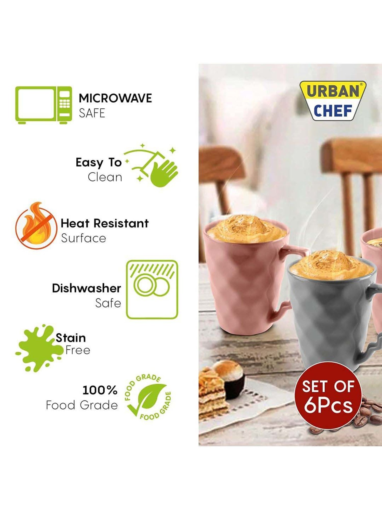 Urban Chef Pink & Grey Ceramic Microwave Safe Coffee Mug (0.225 L) - Set of 6