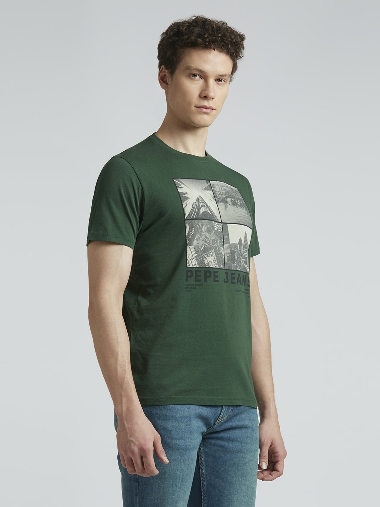 Pepe Jeans Bottle Green Cotton Slim Fit Printed T-Shirt