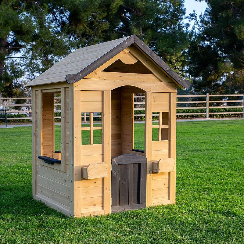 Be Mindful Natural Solid Wood Finish Outdoor Backyard Kids Activity Playhouse for Ages 24 Months to 8 Years old with Hardware and Pre Drilled Holes