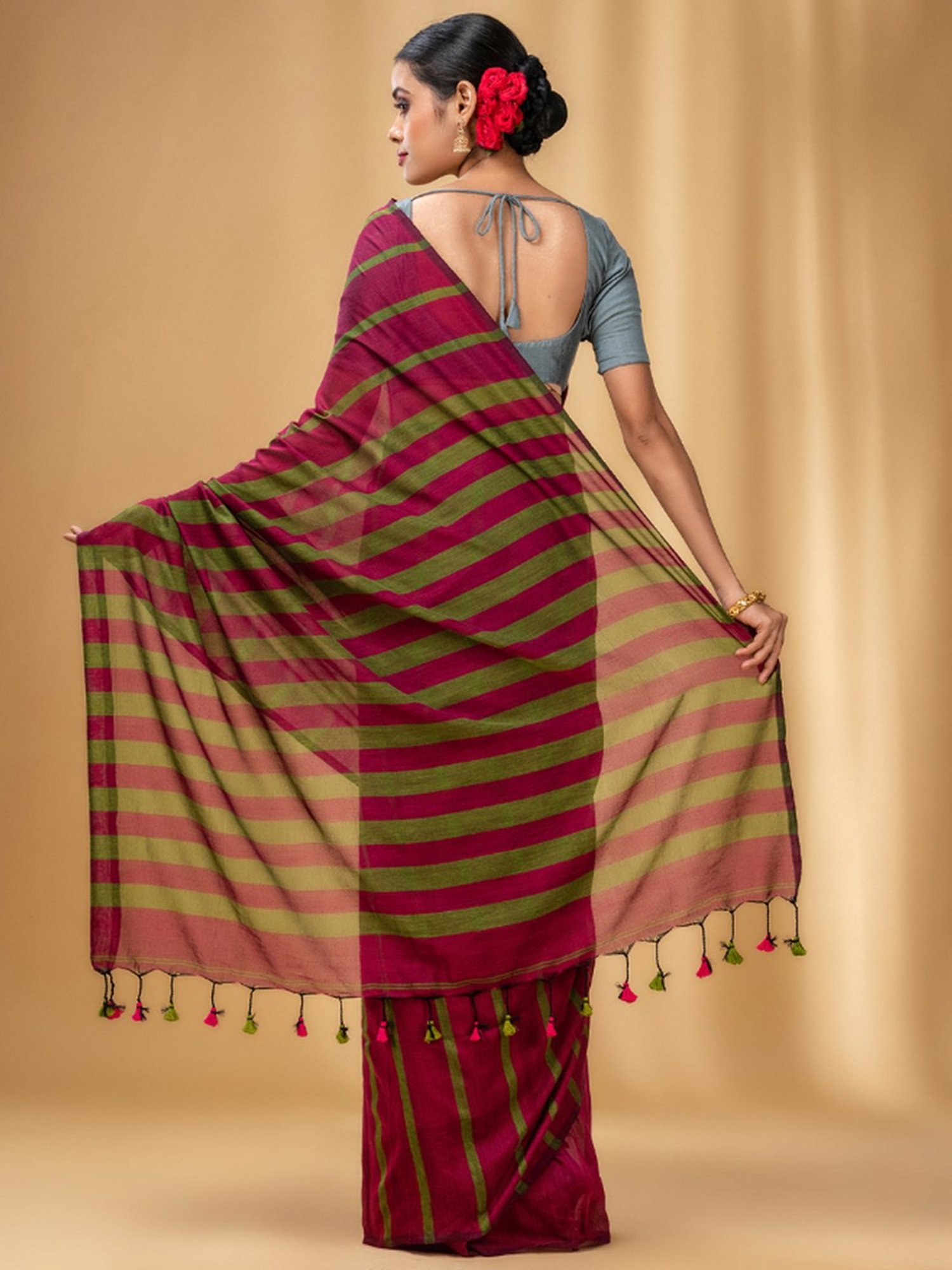CHARUKRITI Fuchsia Pink & Green Cotton Striped Saree With Unstitched Blouse