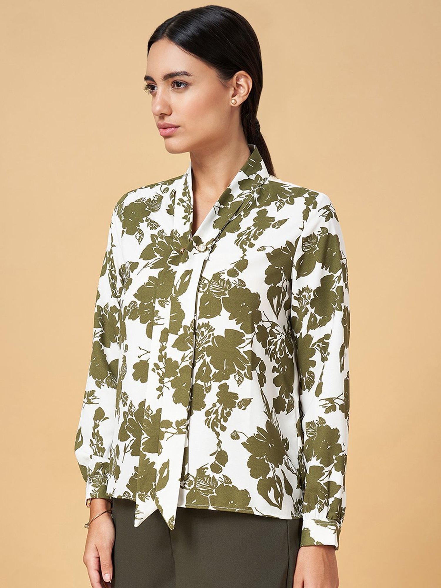 Annabelle by Pantaloons White & Olive Green Printed Top
