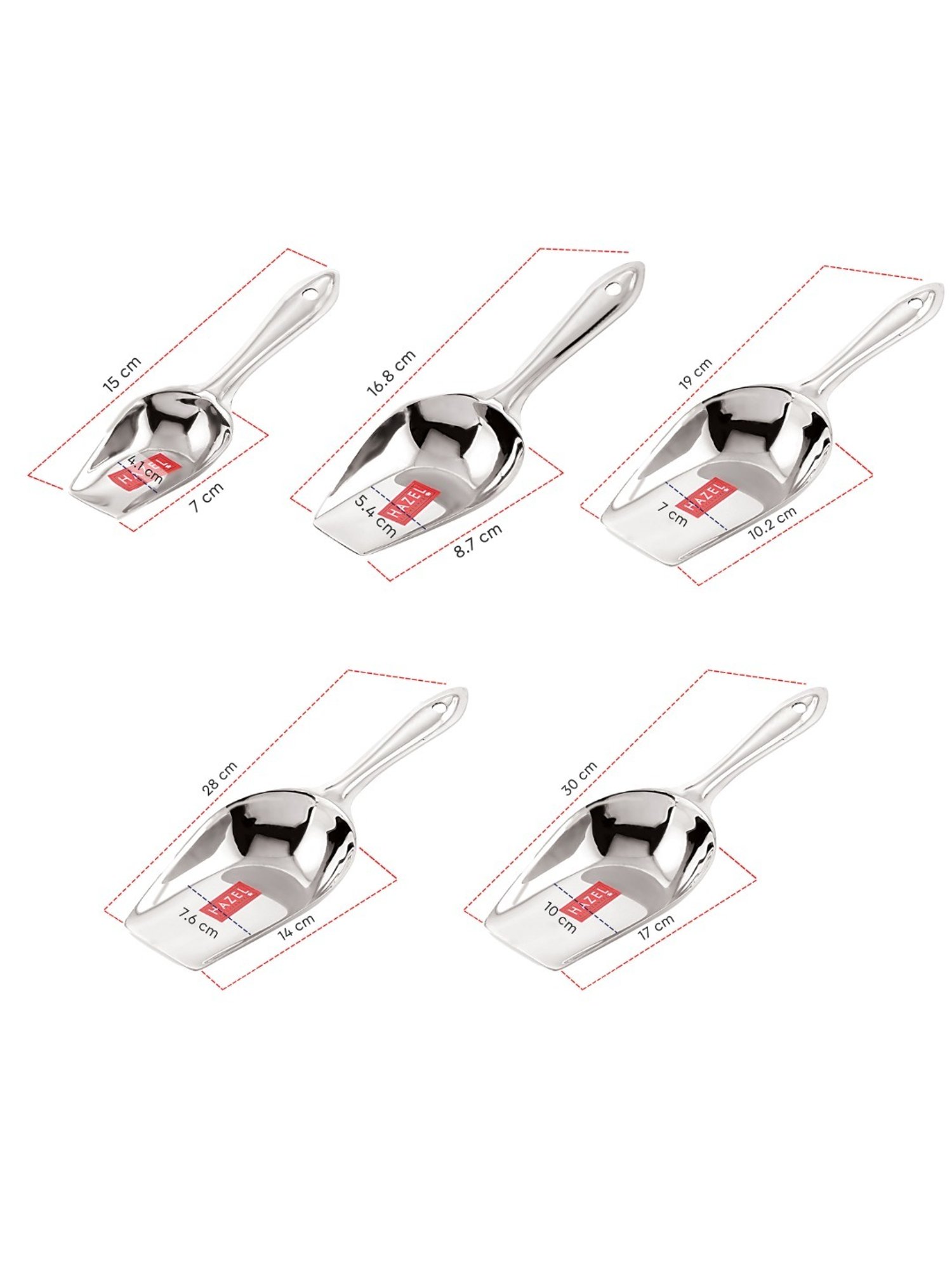 HAZEL Silver Stainless Steel Kitchen Scoop for Grocery - Set of 5