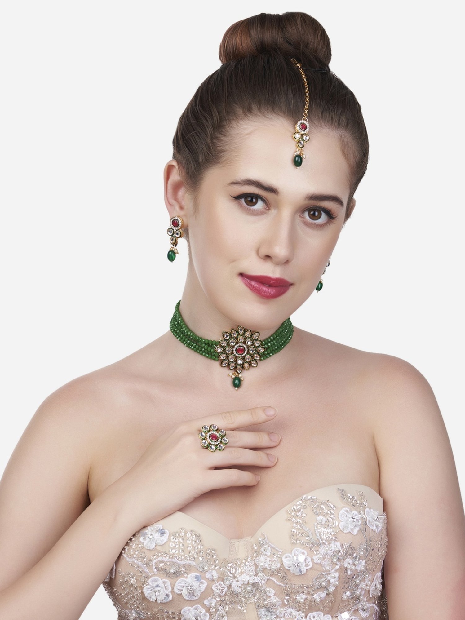 Zaveri Pearls Green Multistrand Beaded Kundan Necklace, Earring, Maangtikka & Ring Set