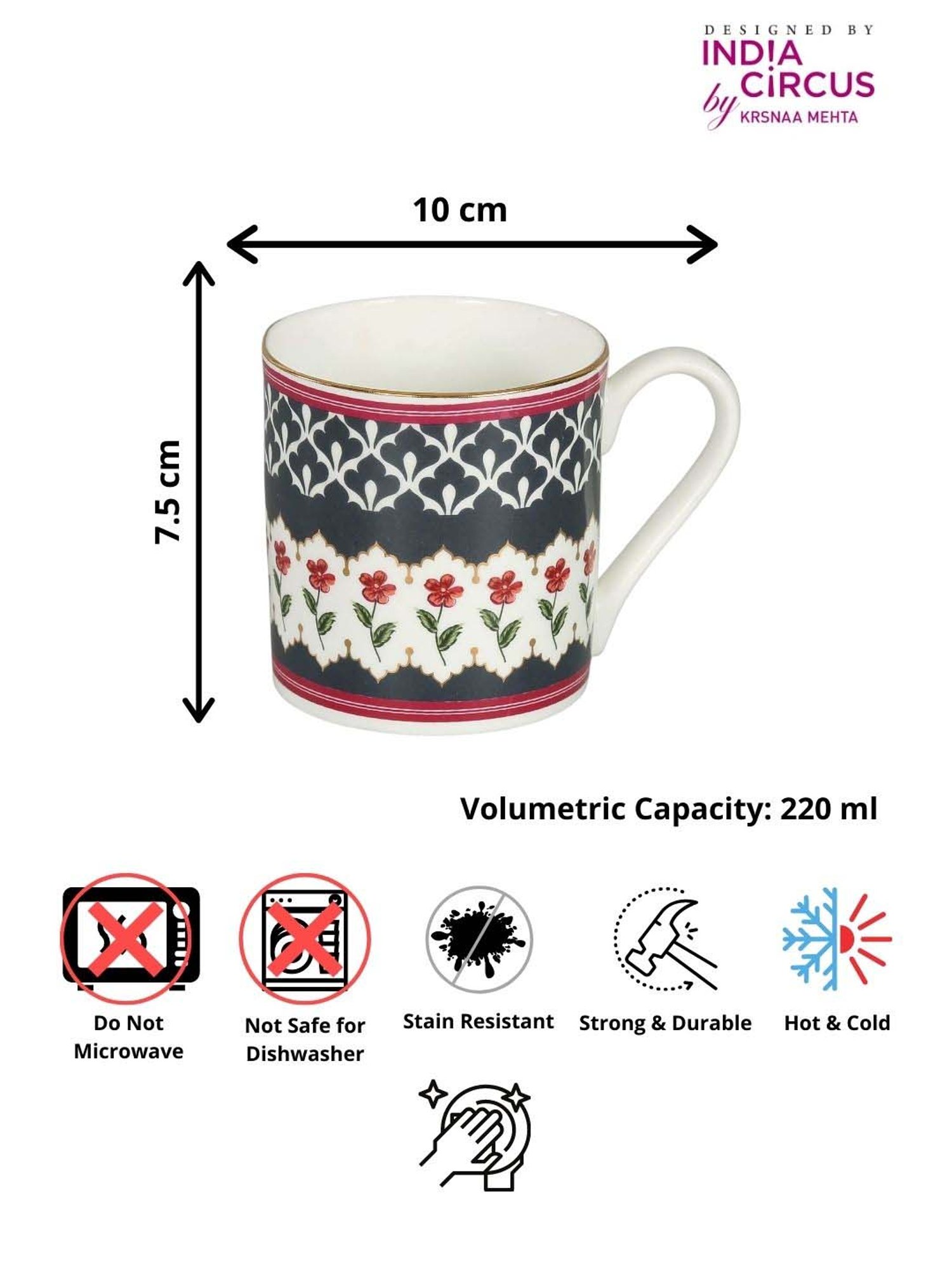 India Circus Black & White Ceramic 10 cm Coffe Mug (0.22 L) - Set of 6