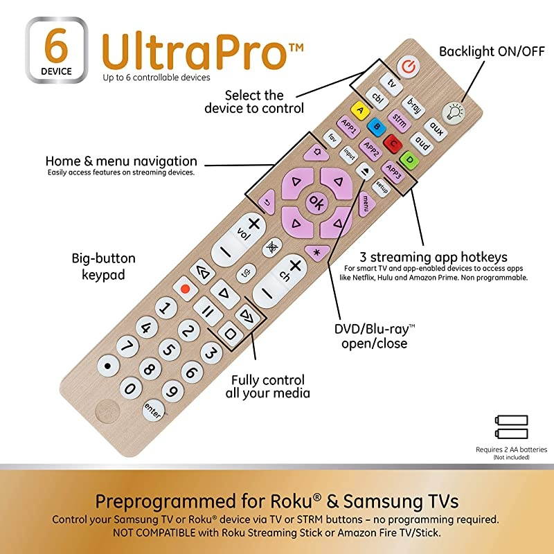 6-Device Backlit Universal Remote Control for Samsung, Vizio, Lg, Sony, Sharp, Roku, Apple TV, Smart TVs, Streaming Players, Blu-Ray, DVD, Master Volume Control, Gold, 47506