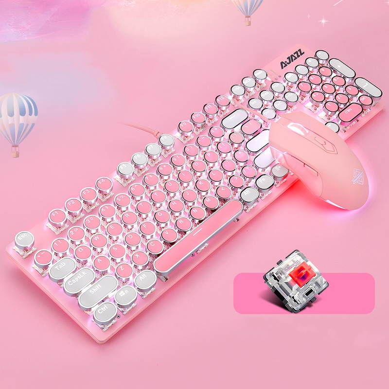 A-jazz Ergonomic Design,Cool Exterior USB Wired N-key Rollover Blue Switch Mechanical Gaming Keyboard And 2400DPI Mouse Combo For Office And Game - WhitePinkVersion
