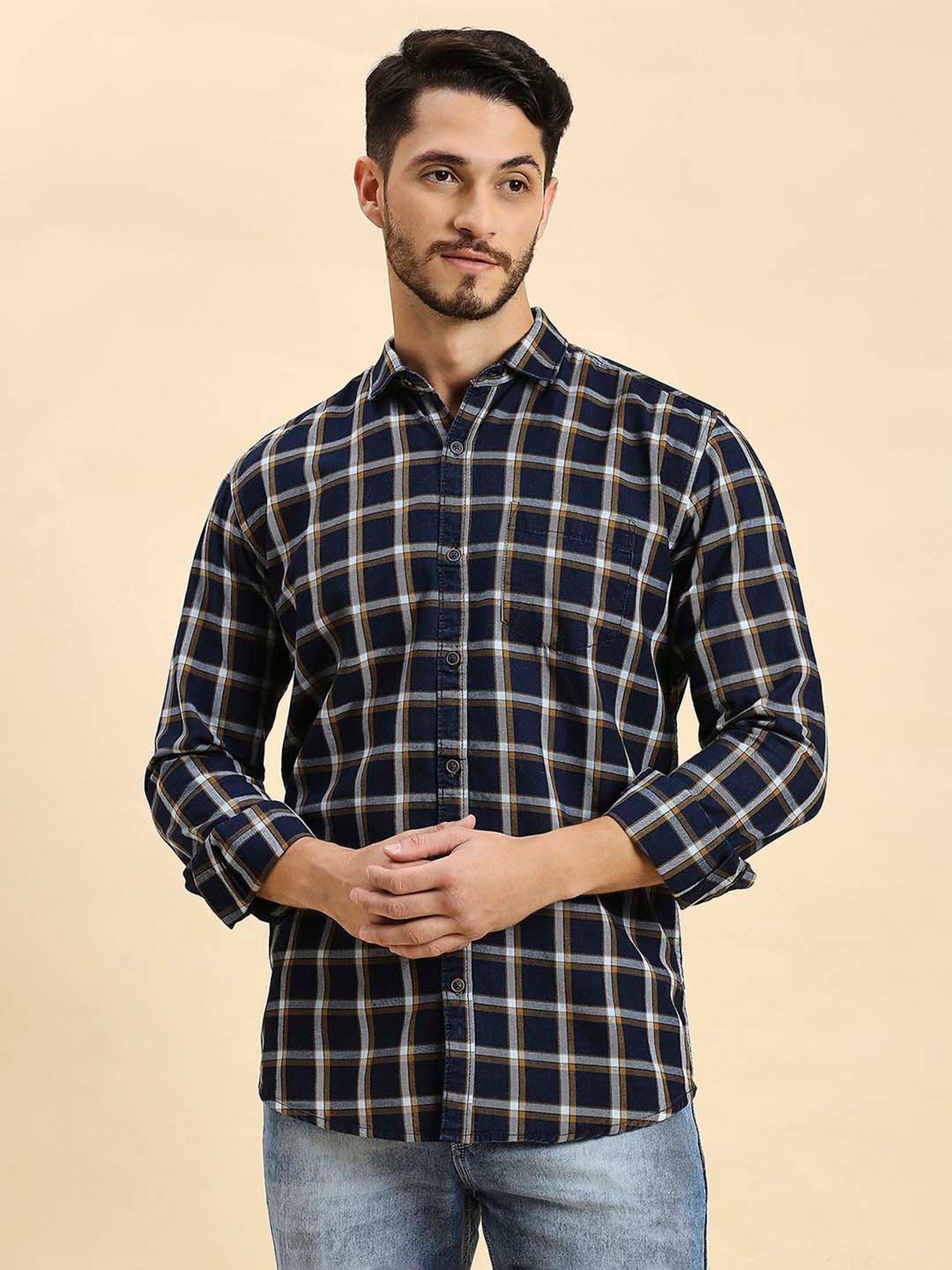 HJ HASASI Navy Slim Fit Check Cotton Shirt
