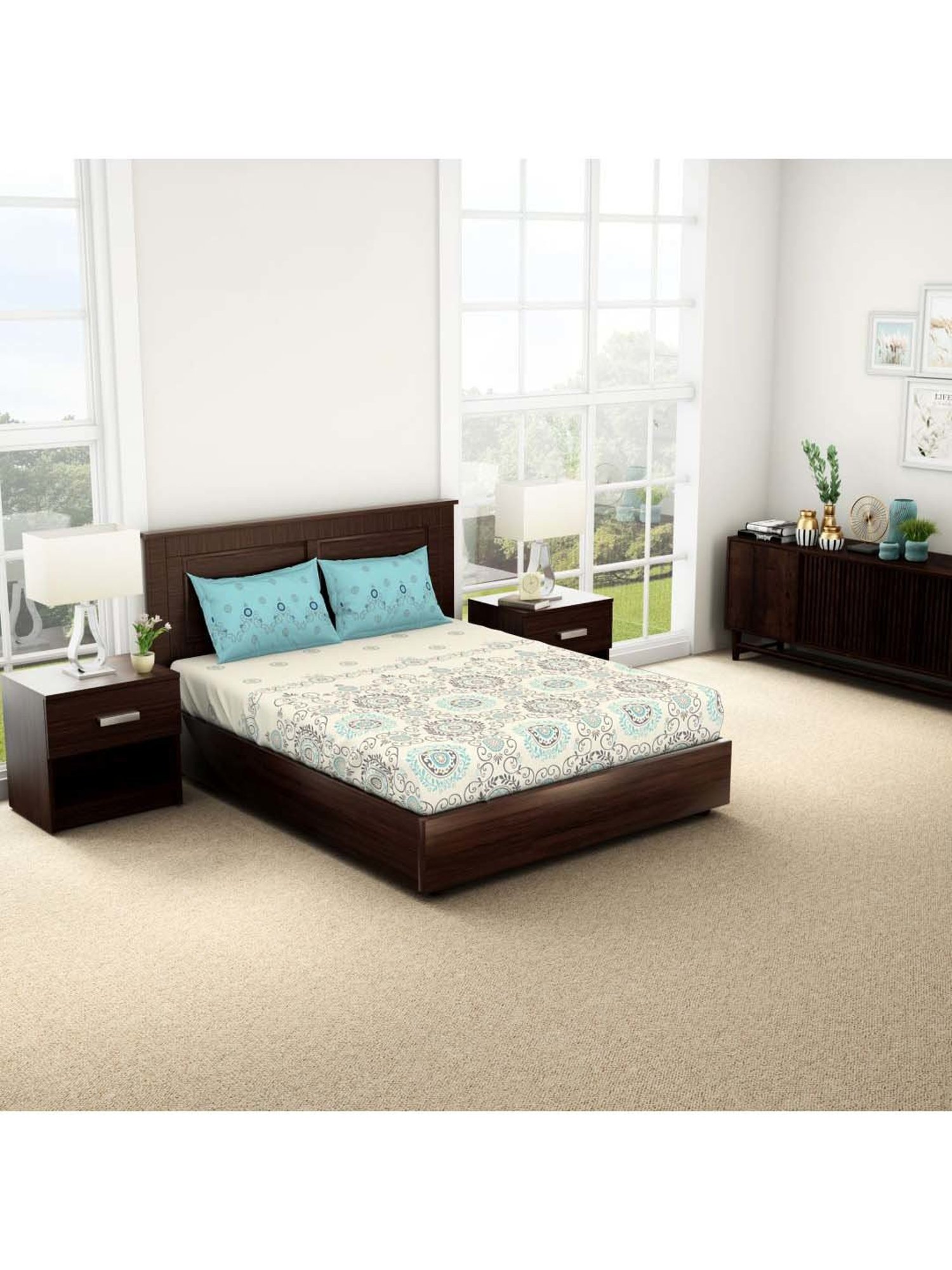 Spaces Vanilla Ice Cotton 144 TC Double Bed Sheet With Pillow Covers