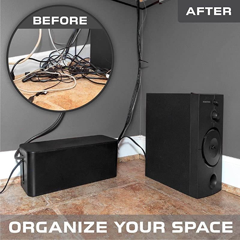 Cable Management Box Black Cord Organizer and Hider for Wires Power Strips Surge Protectors amp More Includes Cable Sleeve Hook and Loop Keepers Zip Ties amp Clips