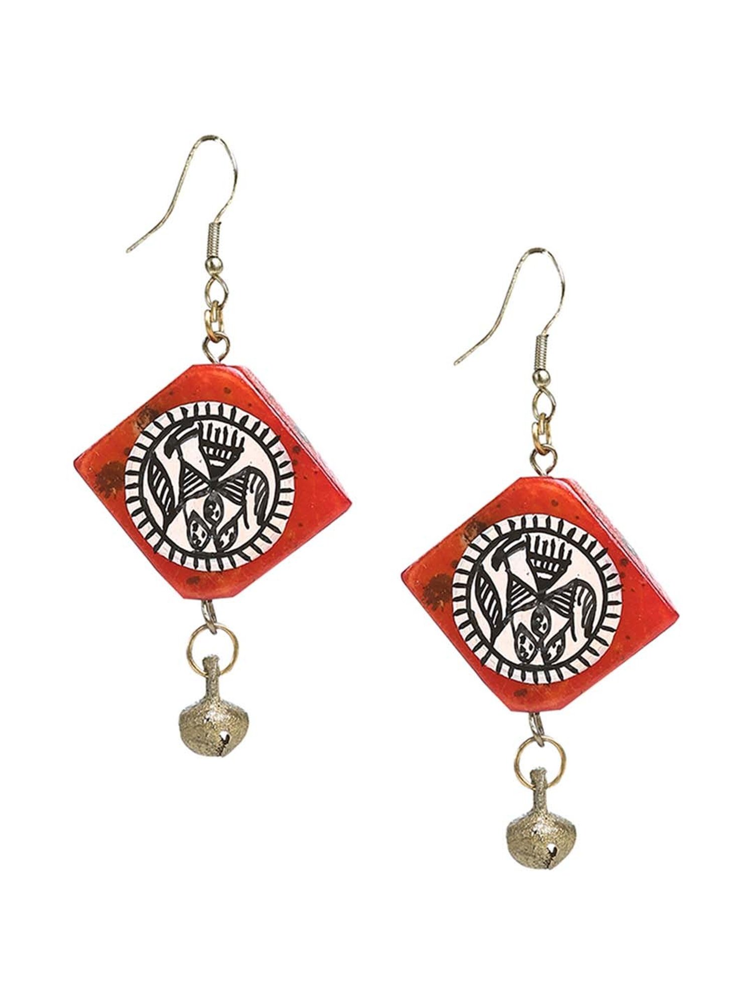 ExclusiveLane 'Tribal Warli Squares' Red & White Resin Earrings in Warli Art