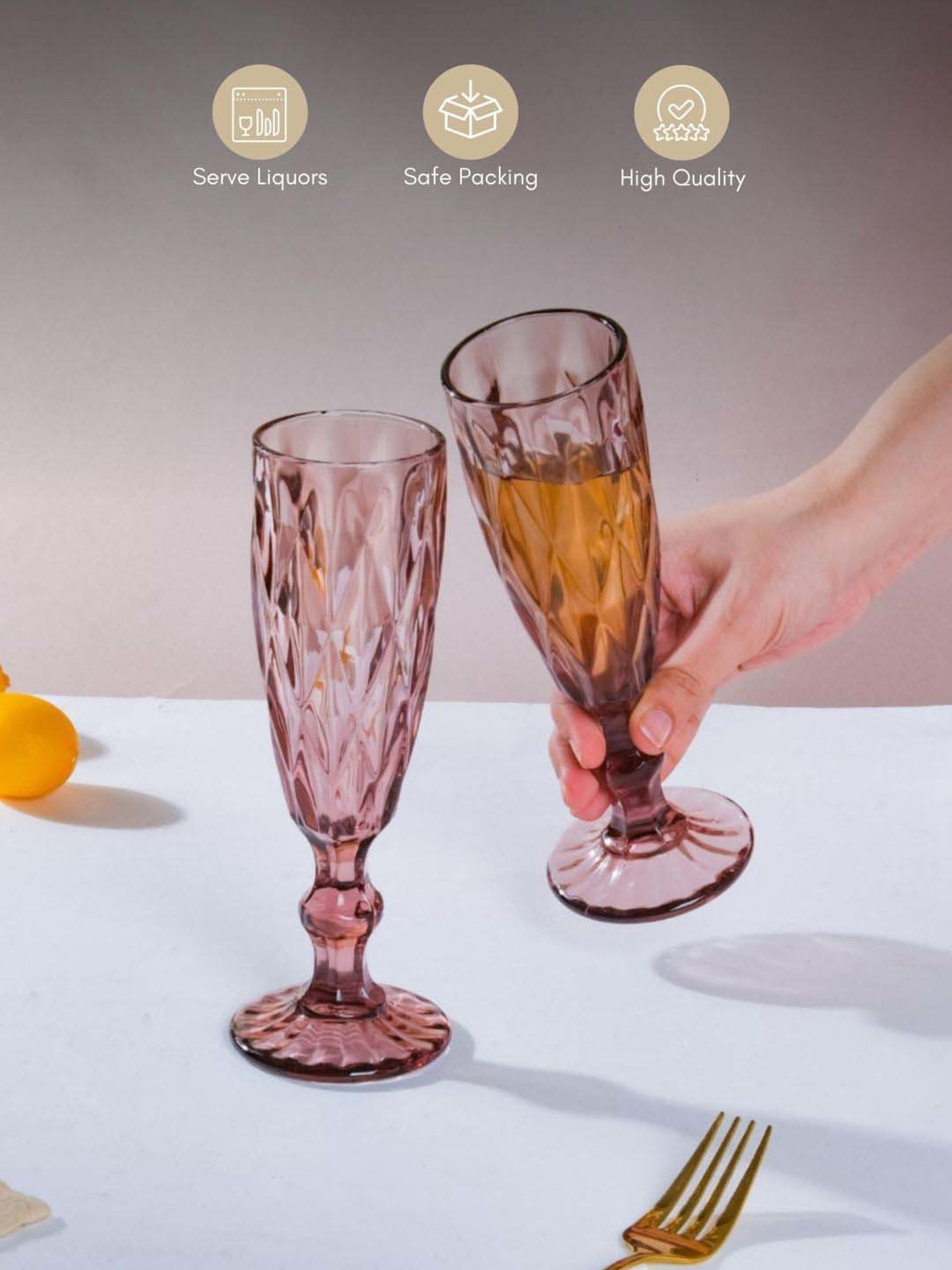 Nestasia high quality Crystal Textured Mauve Champagne Glasswareset with Stem(Set Of 6, each 150 ml)