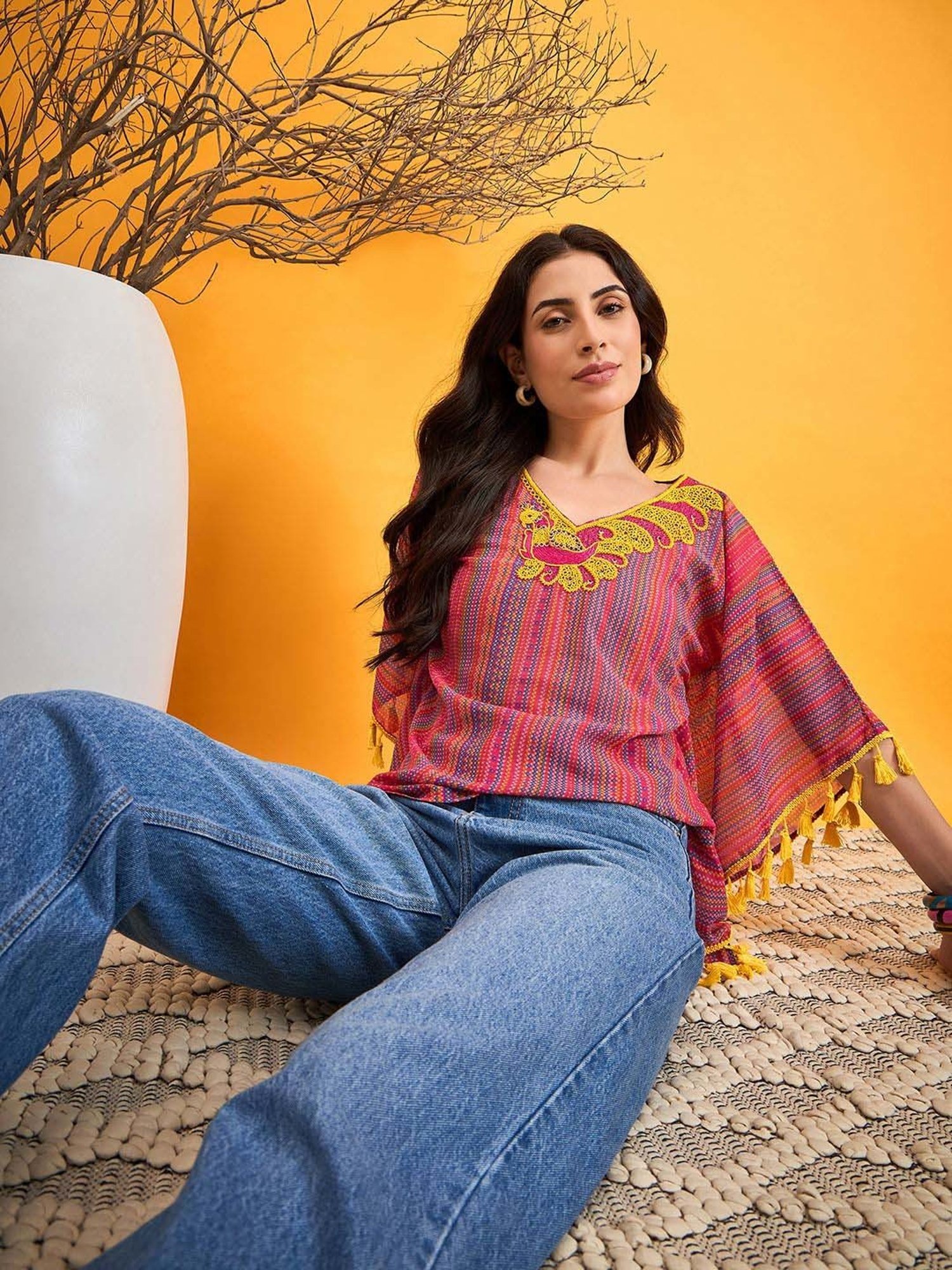 The Kaftan Company Red Embroidered Kaftan Top