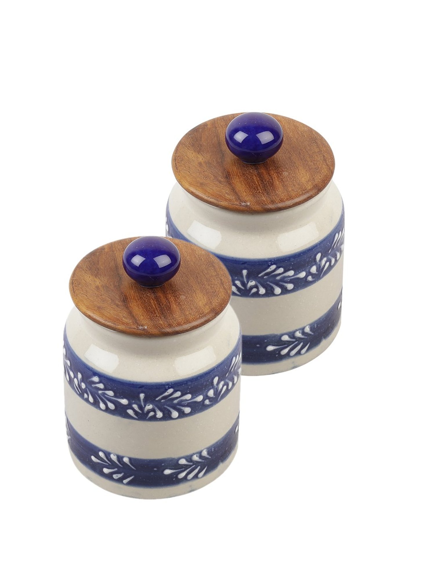 VarEesha Blue Ceramic Jar with Wooden Lid - Set of 2