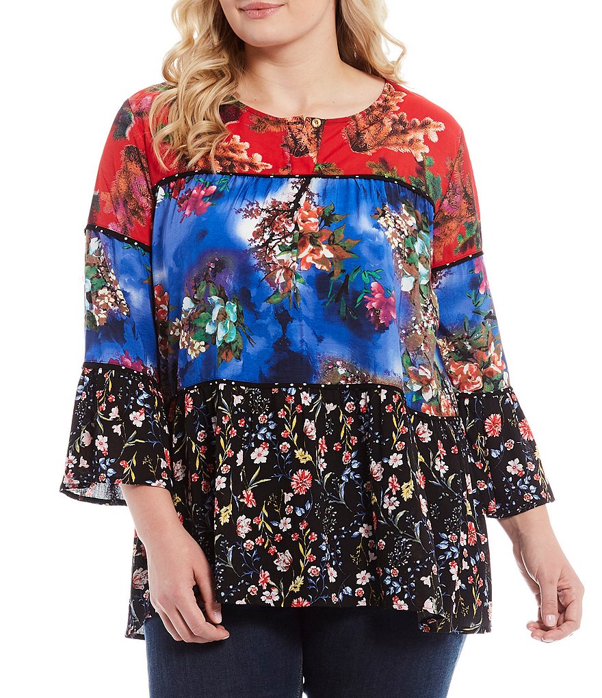 Calessa Plus Size Mixed Floral Block Print Round Neck Long Sleeve Tunic
