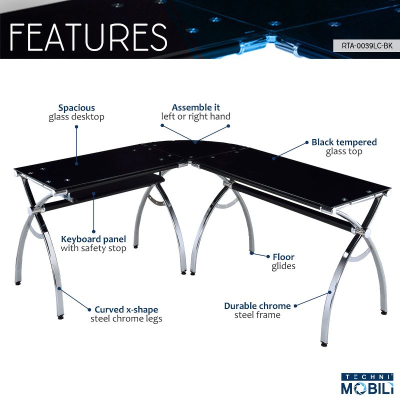 L Shaped Colored Tempered Glass Top Desk with Pull Out Keyboard Tray Black - Techni Mobili