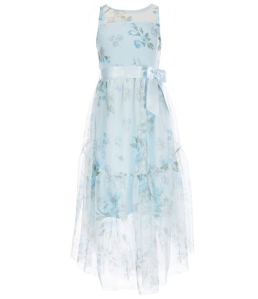 Zunie Big Girls 7-16 Sleeveless Tie-Waist Floral Print Tiered Mesh Skirt Maxi Dress