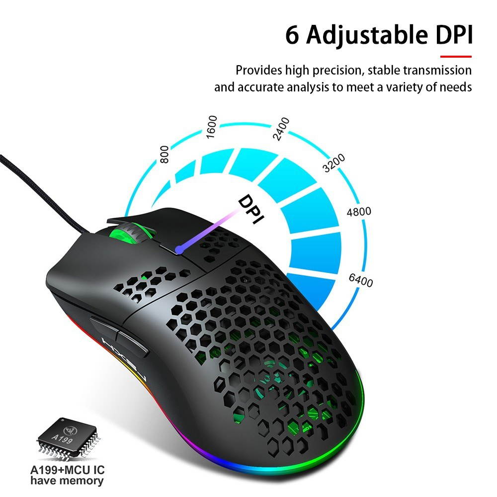 HXSJ J900 USB Wired Gaming Mouse RGB Gaming Mouse with Six Adjustable DPI Ergonomic Design for Desktop Laptop