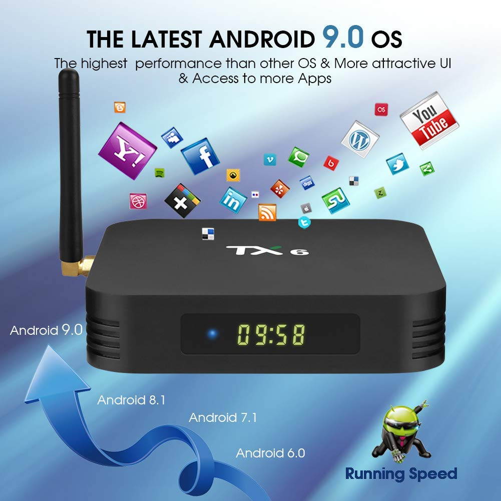 New Android 9.0 TV Box,TX6 Android TV Box 4GB DDR3 64GB EMMC Dual WiFi 2.4G+5G Bluetooth Quad Core 3D 4K Ultra HD H.265 USB3.0 Android TV Set Top Box