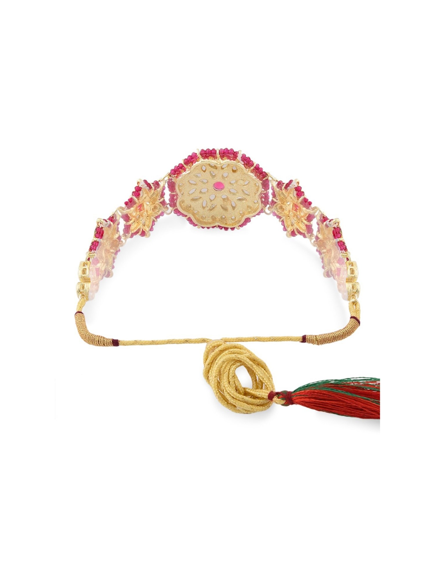 Zaveri Pearls Pink Crystal Beaded Ethnic Kundan Necklace, Earring & Ring Set