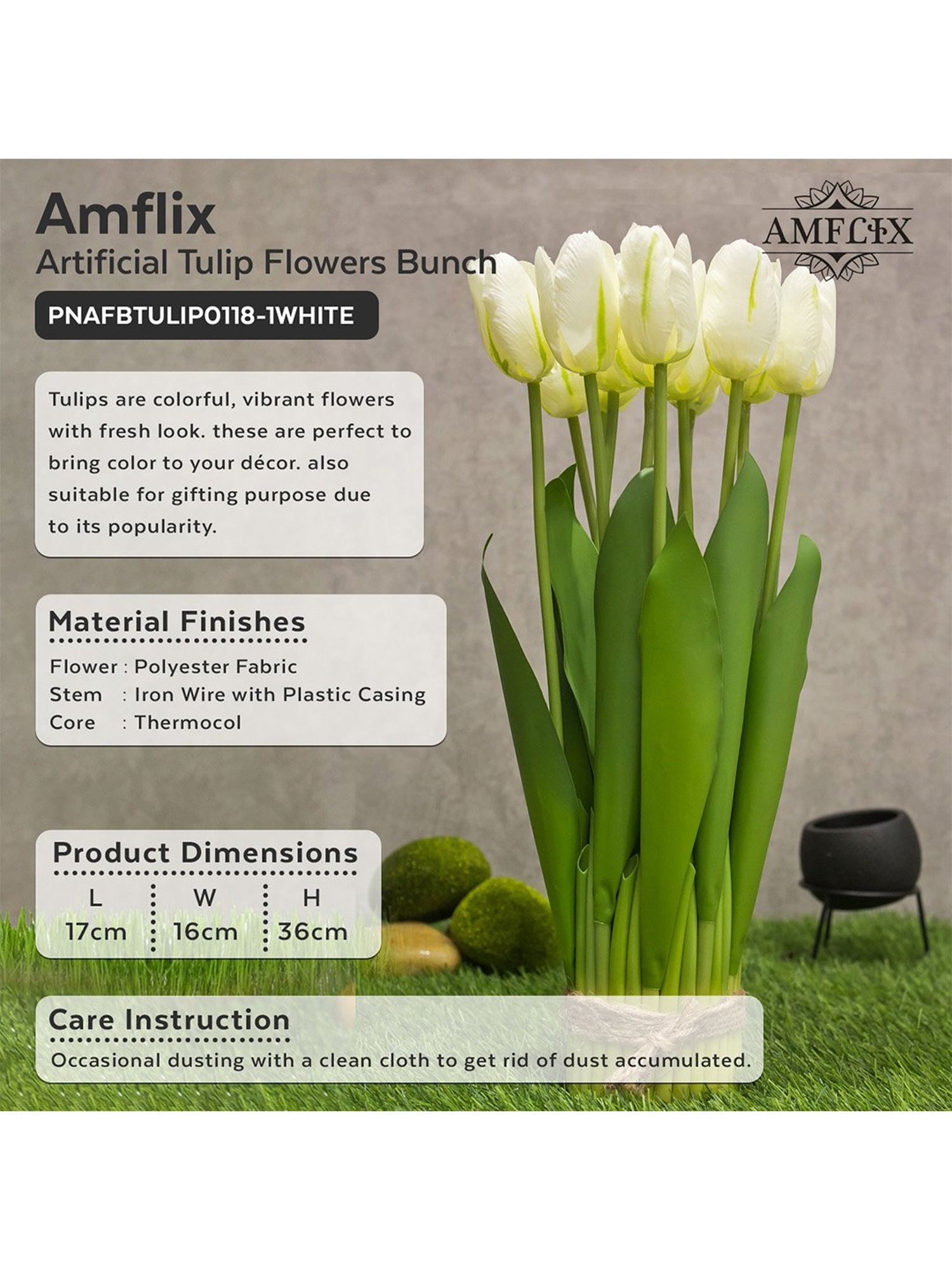 Amflix White Artificial Tulip Flowers Bunch