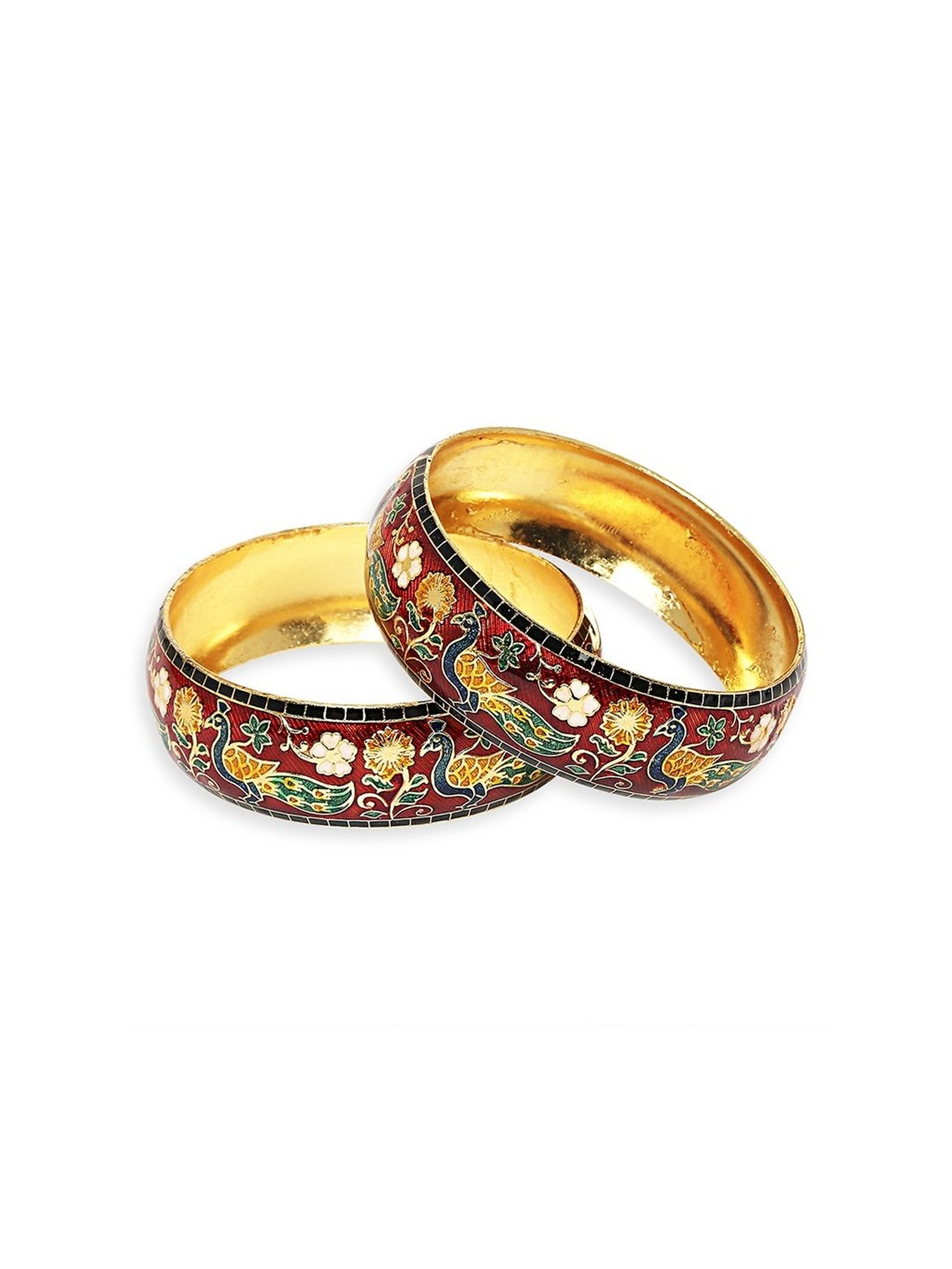 Oomph Jewellery Red & Green Meenakari Peacock Floral Design Brass Bangles - Set of 2