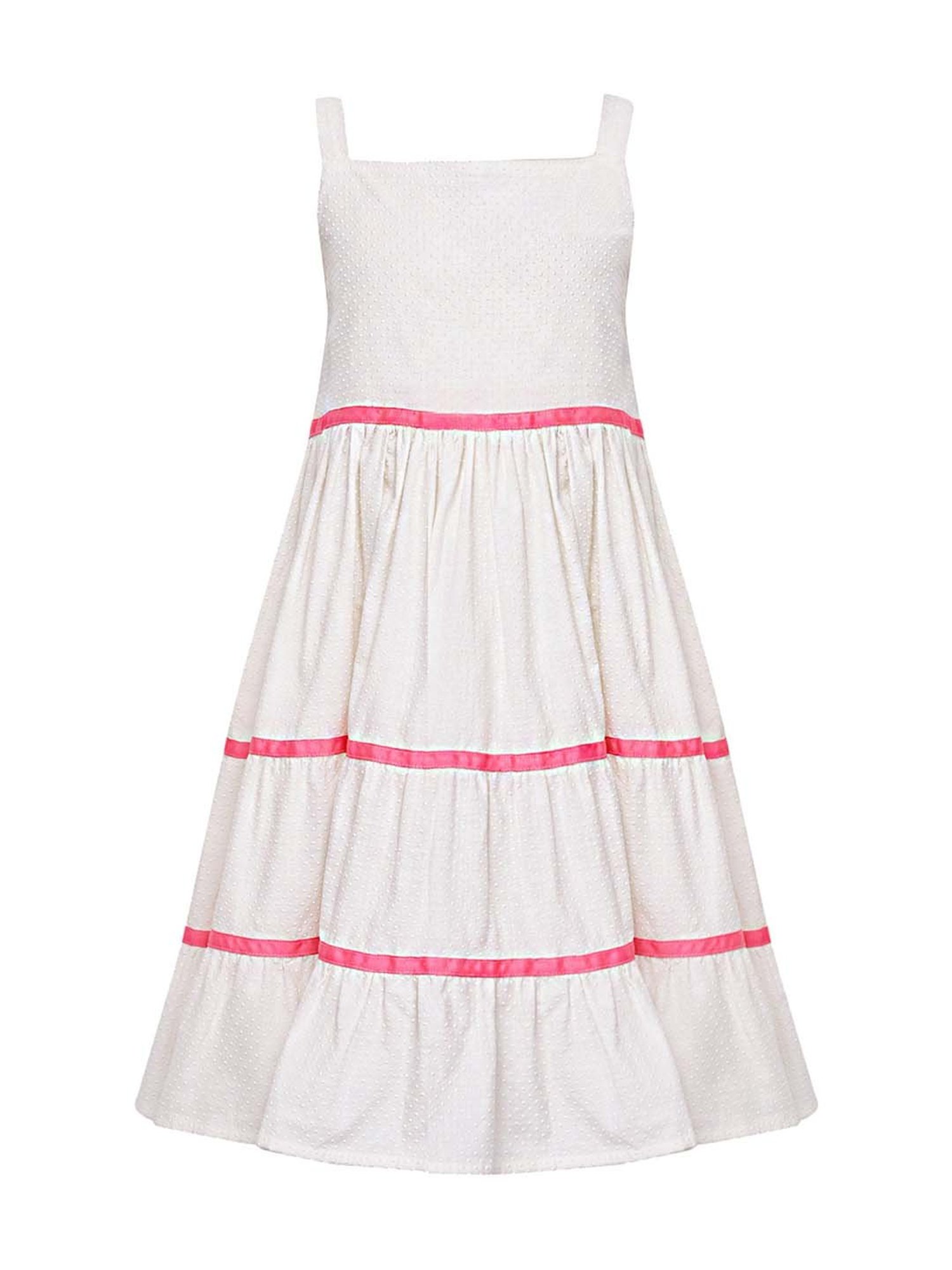 A Little Fable Kids White Cotton Self Pattern Dress