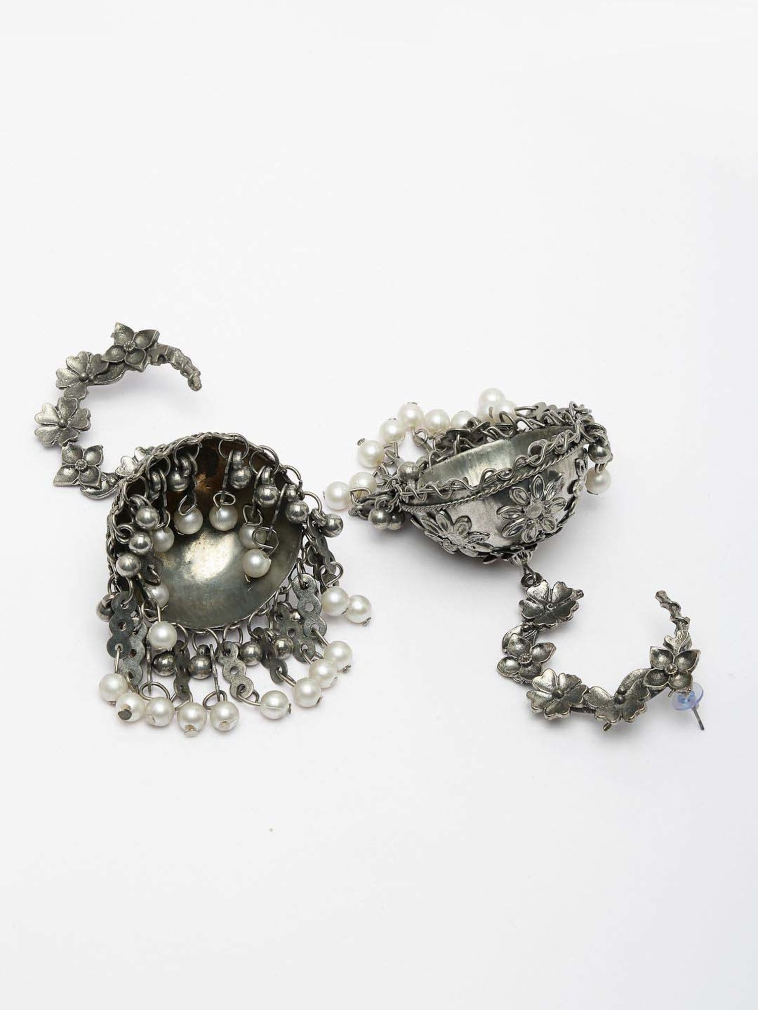 NVR Silver Plated Pearl Beaded Oxidized Contemporary Jhumki Earrings for Women