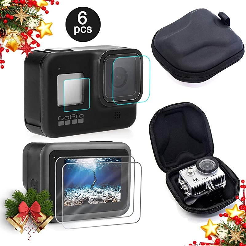 Screen Protector for GoPro Hero 8 + Small Hard Shell Carrying Case Accessory Bundles 2 Packs Lens amp Screen amp Display Tempered Glass Screen Protector Film + EVA Travel Case Storage Bag