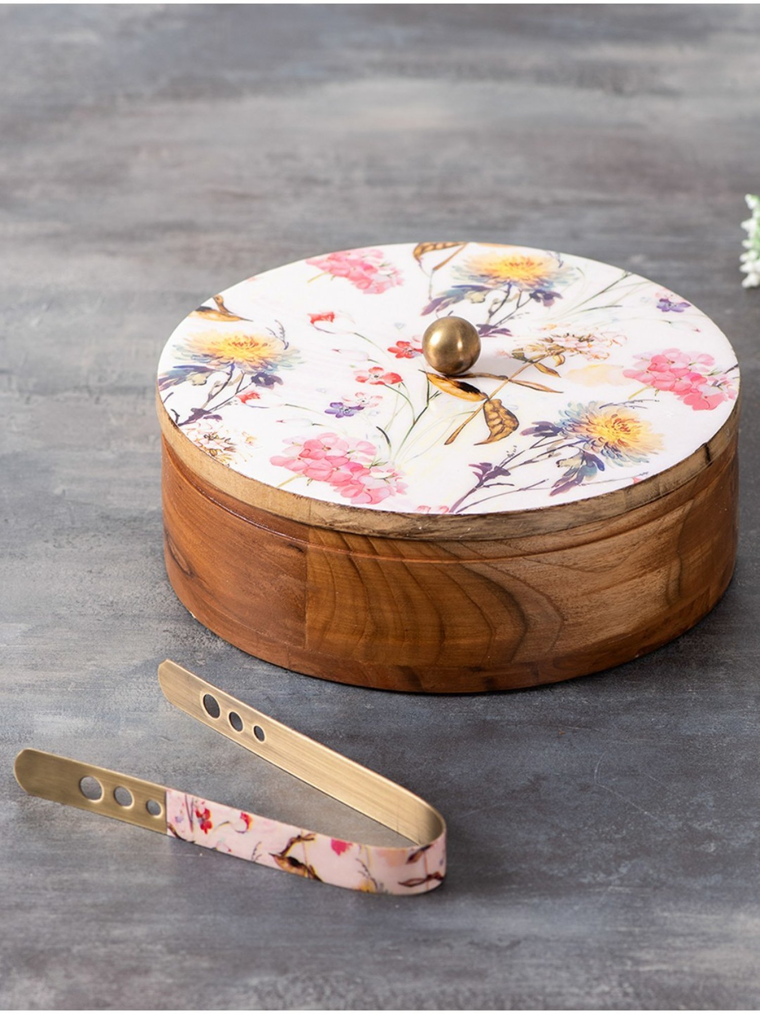 Nestroots White Wooden Casserole Box Chapati Box Food Warmer hotpot roti Box with Printed lid & Tong